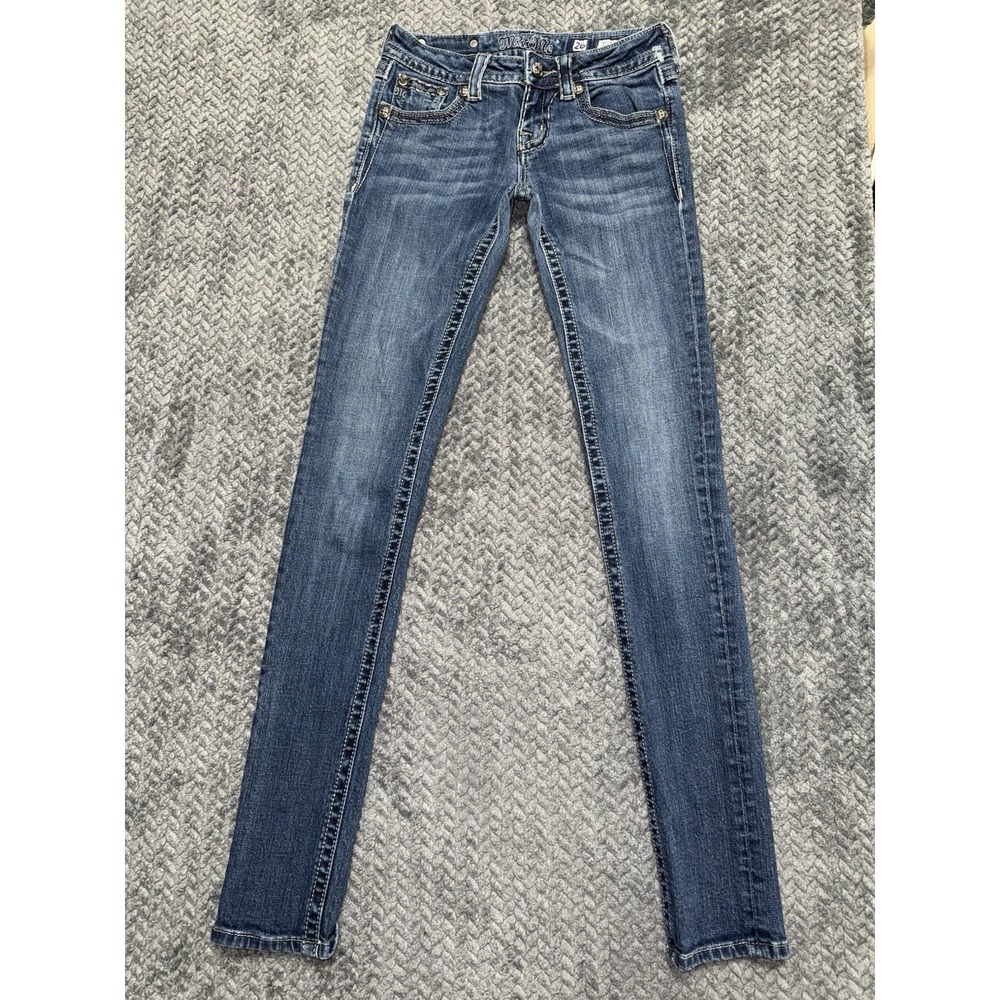 Miss Me Womens Skinny Jeans Medium Wash Embroidered Mid Rise Sz 26
